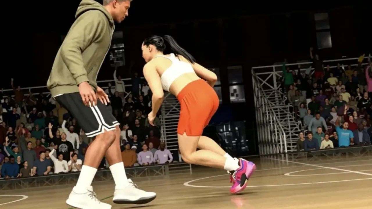 NBA 2K27 player driving past a defender in a practice gym