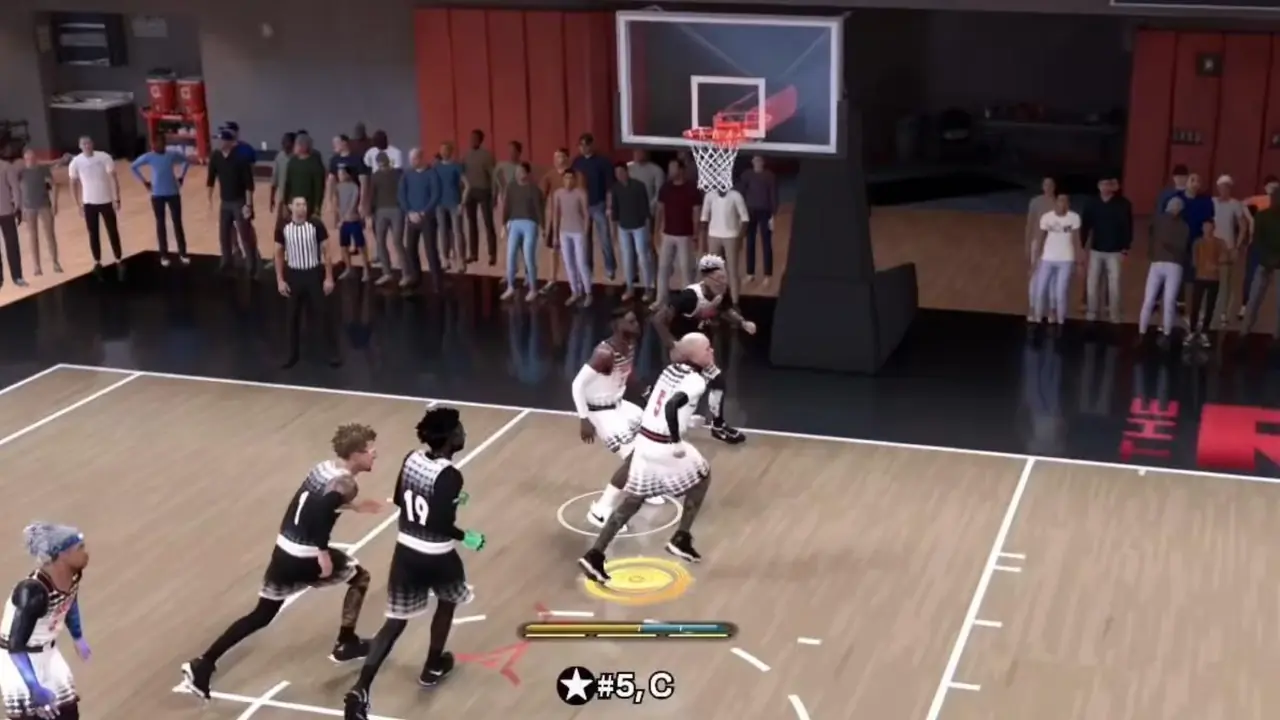 NBA 2K27 Rec drive to the rim with the rhythm shot meter visible