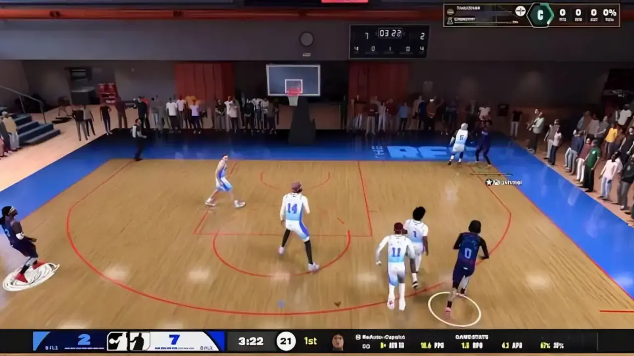NBA 2K27 Rec game in progress with the shot meter on screen